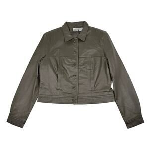 Vintage Newport News Olive Green Leather Jacket Button Front 90s Y2K Size 14